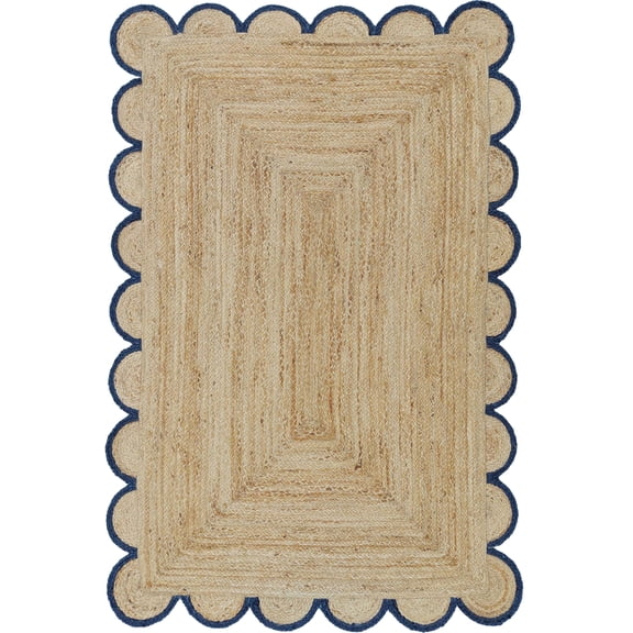 Jute Area Rug For Home And Living Room Décor Rectangular Scalloped Natural Jute Carpet Area Rug Navy 2' x 6' BY KALVEERA