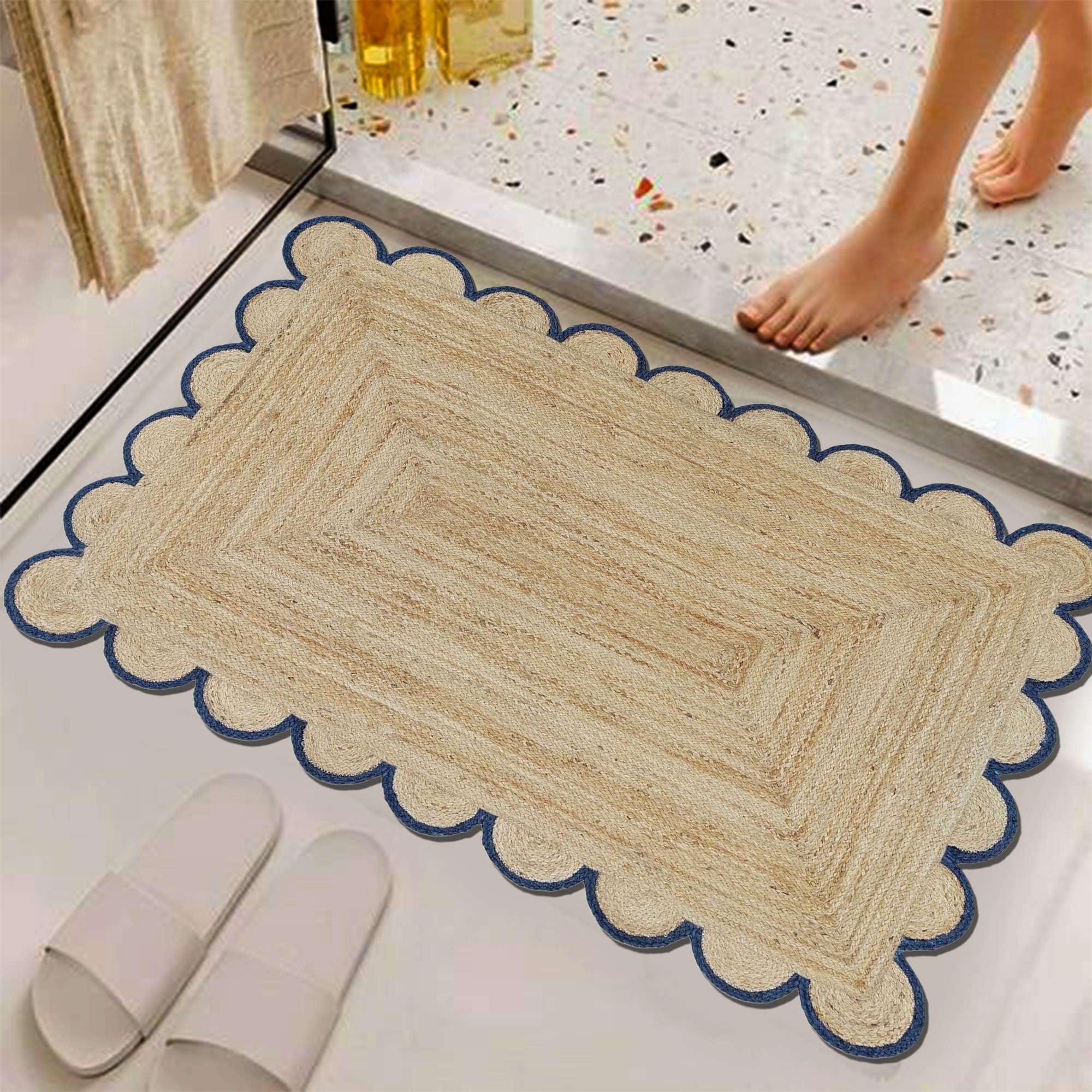 Jute Area Rug For Home And Living Room Décor Rectangular Scalloped Natural Jute Carpet Area Rug Navy 9' x 12' BY KALVEERA