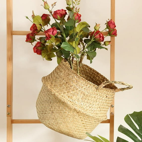 Jute Basket Woven Planter Basket,Craft Large Seagrass Belly Basket for Storage, Laundry, Picnic and Woven Straw Beach Bag - Plant Pots Cover Indoor Decorative (Size : S)