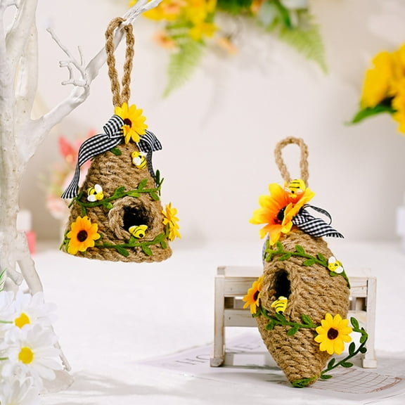 Jute Bee Hive Decor Bee Tiered Tray Decorations Honey Bee Skeps Spring Farmhouse Coffee Table Decor Country Kitchen Natural Party Summer Sunflower Home Bookshelf Decor, 2PCS