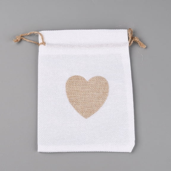 Jute Blank DIY Craft Drawstring Bag Rectangle with Heart Pattern for Valentine Birthday Wedding Party Candy Wrapping White 18x13x0.3cm