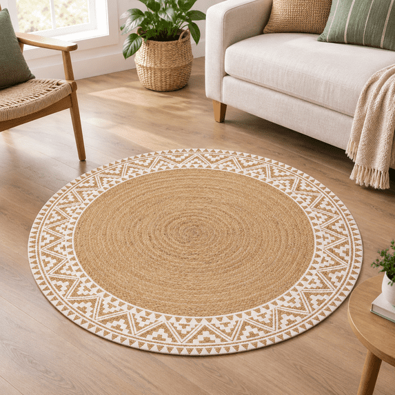 Jute Braided Area Rug 5-feet Round White Printed Border Stain ...