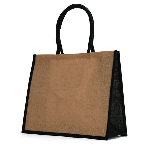 Jute Burlap Bags with Cotton Handles and Laminated Interior (12 Pack, Black - L)