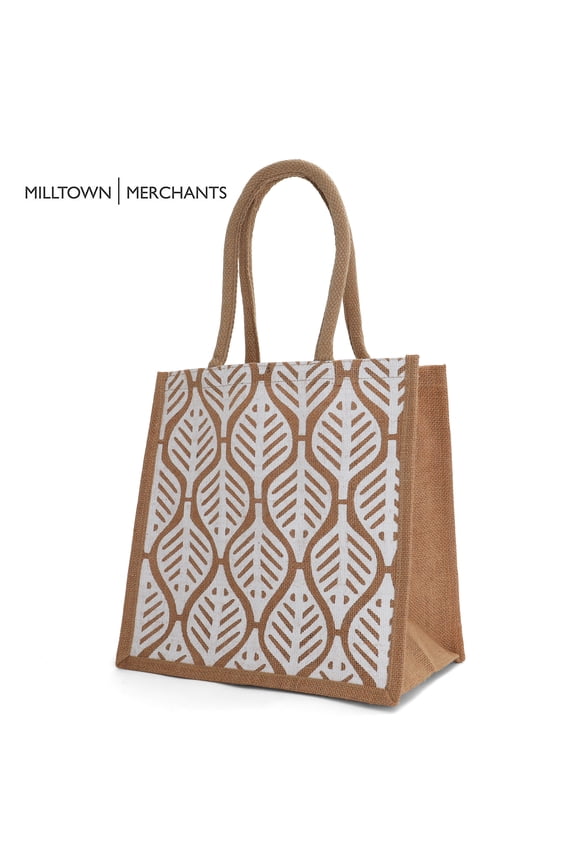 Jute Burlap Bags with Cotton Handles and Laminated Interior (12 Pack, Leaf - M)