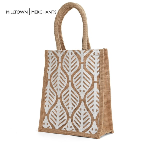 Jute Burlap Bags with Cotton Handles and Laminated Interior (12 Pack, Leaf - SM)