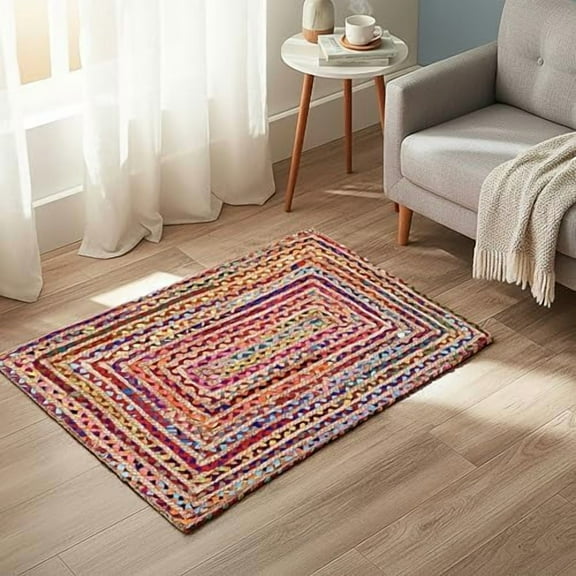 Jute Chindi Braided Rug Boho 24x36 Inch Natural Multi Farmhouse Burlap Small Patio Rugs Ideal for Bedroom, Living Room, Entrance, Indoor| Bohomeain Acent Carpet Door Mat for Home Decor