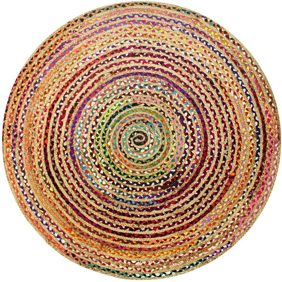 Jute Cotton Chindi Braid Rag Rug - Boho Farmhouse Rustic - Handwoven Reversible Natural Jute and Recycled Cotton Throw Area Rug Carpet - Home Dcor - 3 Feet Round Multi Color