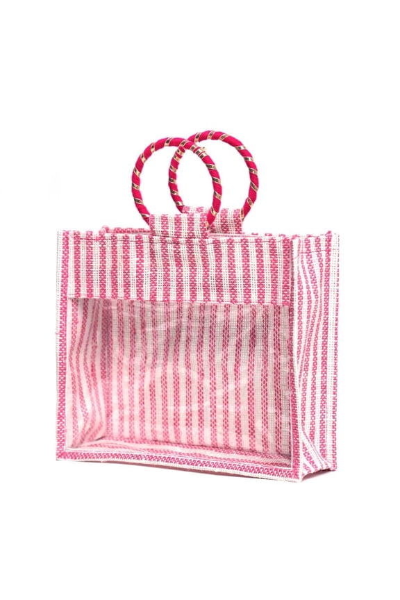 Jute Gift Hamper Bag with Transparent Window | Eco-Friendly Bag for Wedding Gifting, Return Gifts, Dry Fruits | Reusable Tote Bag | Pink (1, 12x10x4 Inch)