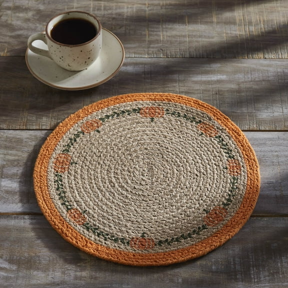 VHC Brands Jute Harvest Blessings Natural Stencil Pumpkin Trivet 12, Decorative Fall Pot Holder, Hot Pad, Kitchen Table Decor for Fall and Thanksgiving