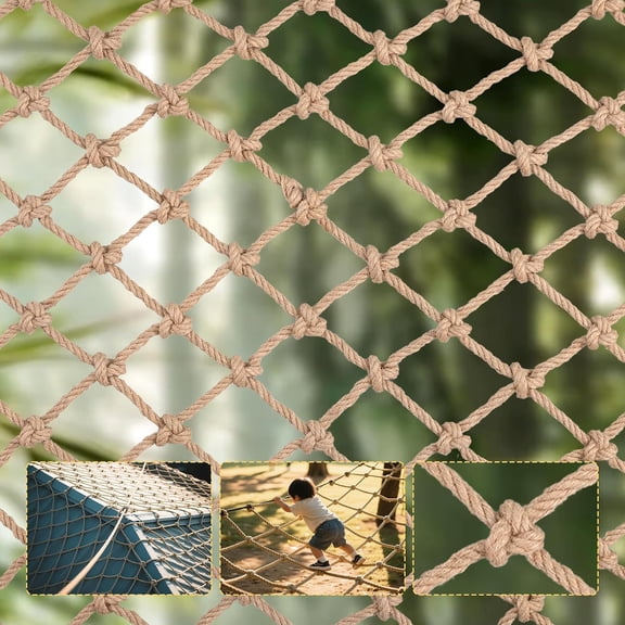 Jute Hemp Rope Net,Heavy Duty Natural Safety Rope Netting Balcony Stairs Fence Garden Playground Protection Net Indoor & Outdoor Decoration Rope Netting (3FT*6.5FT)