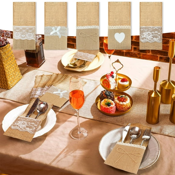 Jute Lace Cutlery Storage Bag | Khaki Linen Napkin Holder with Lace Trim | Durable Silverware Organizer for Wedding Party Decorations and Gift Favors | 1 Piece 8.3x4.3 Inch