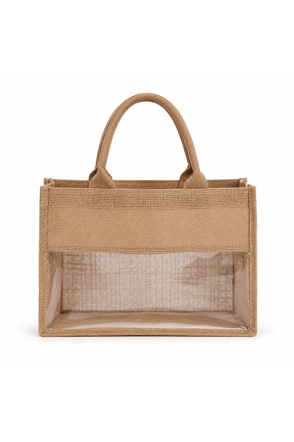 Jute PVC Tote Bag for Women, Waterproof Lined Canvas Handbag, Rustic Burlap Beach & Shopping Hand Carry Bag, Lightweight Reusable Summer Market & Travel Tote