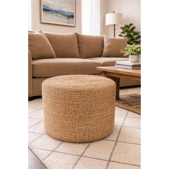 Jute Pouf Ottoman | Footrest Hand Braided - Round Boho Pouffe for Living Room, Bedroom, Nursery (20"x20"x10") Natural