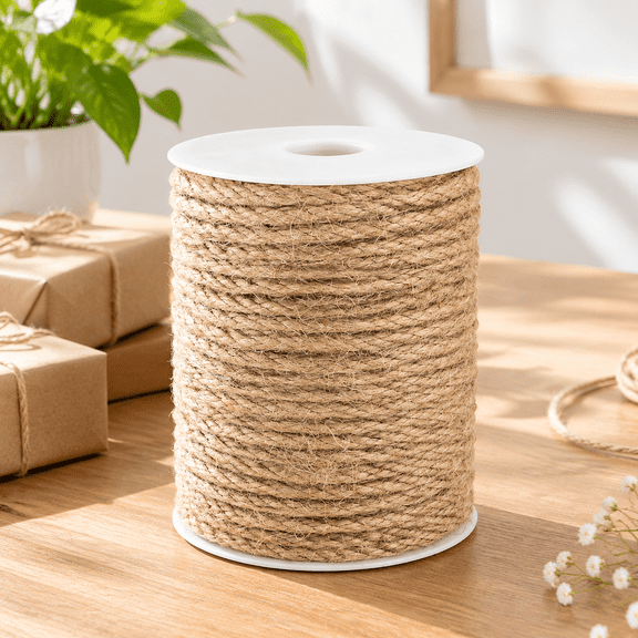 Jute Rope 1/4 Inch, 100 Feet Natural Twine, Strong Hemp, Brown Thick 6mm Heavy Duty for Crafts, Cat Scratching Post, Gardening, Bundling, Climbing Plants