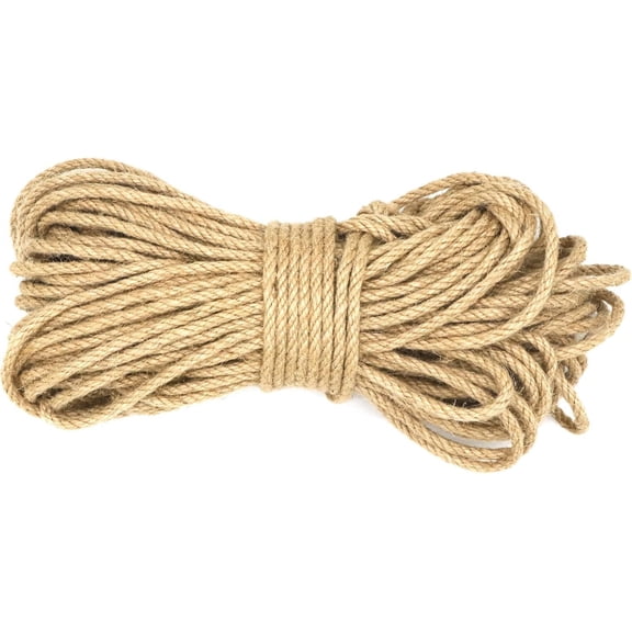Jute Rope 1/4 Inch 100 ft 6mm Thick Natural Clothesline Garden Twine Rope, 4 Strands Heavy Duty & Strong Decorative String for Crafts, Hanging Plants, Packing & Bundling by