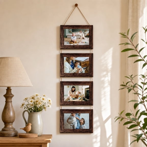 Jute Rope 4-Photo Frame Set, Hanging Wall Picture Display with Twine String for Gallery Decor, 5x7 Inch Multi-Frame