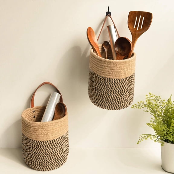 Jute Rope Hanging Basket, Woven Fern Wall Hanging Basket for Plants, Woven Storage, Black and Jute