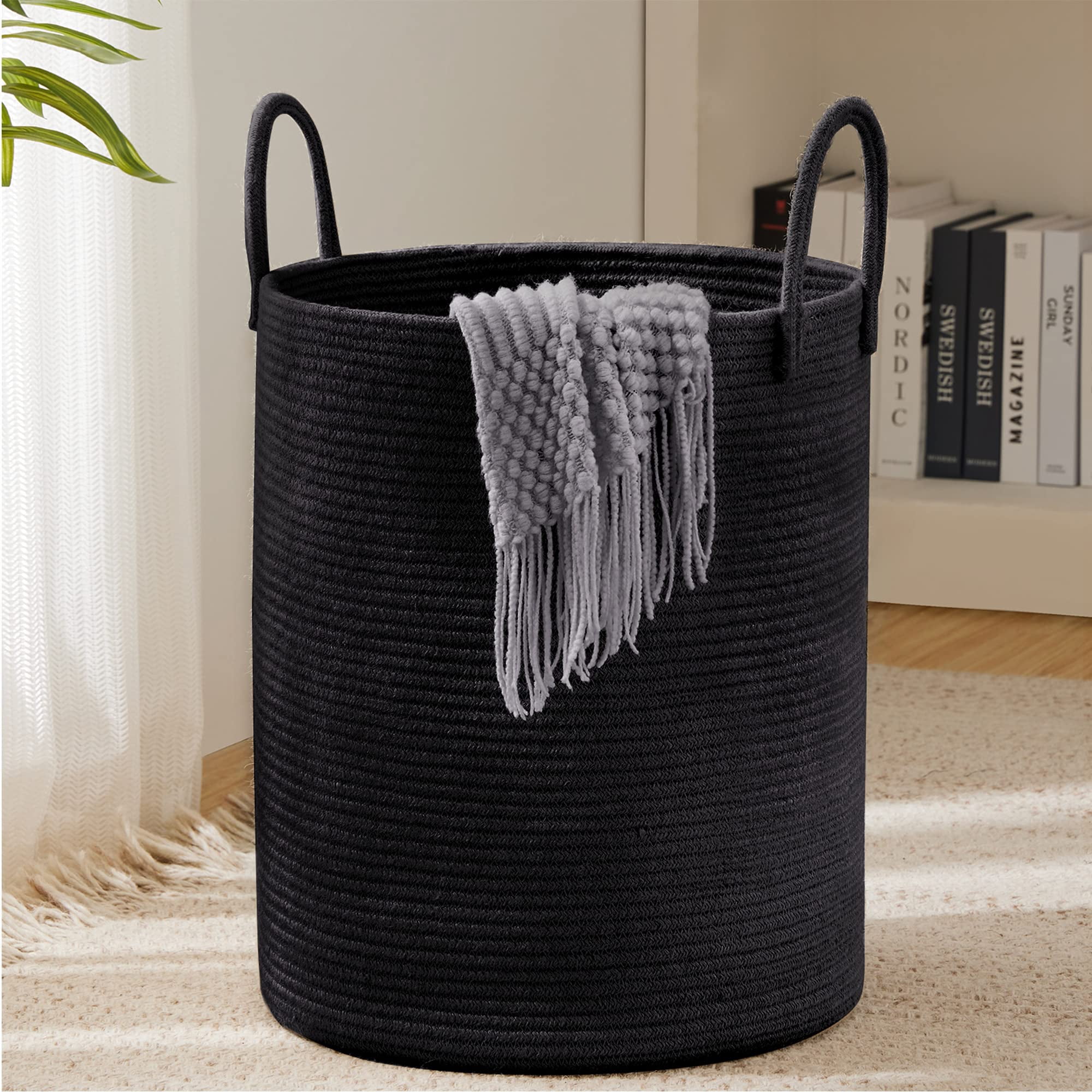 Jute Rope Laundry Hamper Basket , 58L Tall Laundry Basket, Baby Nursery Hamper for Blanket Storage for Bedroom-Large-Jute