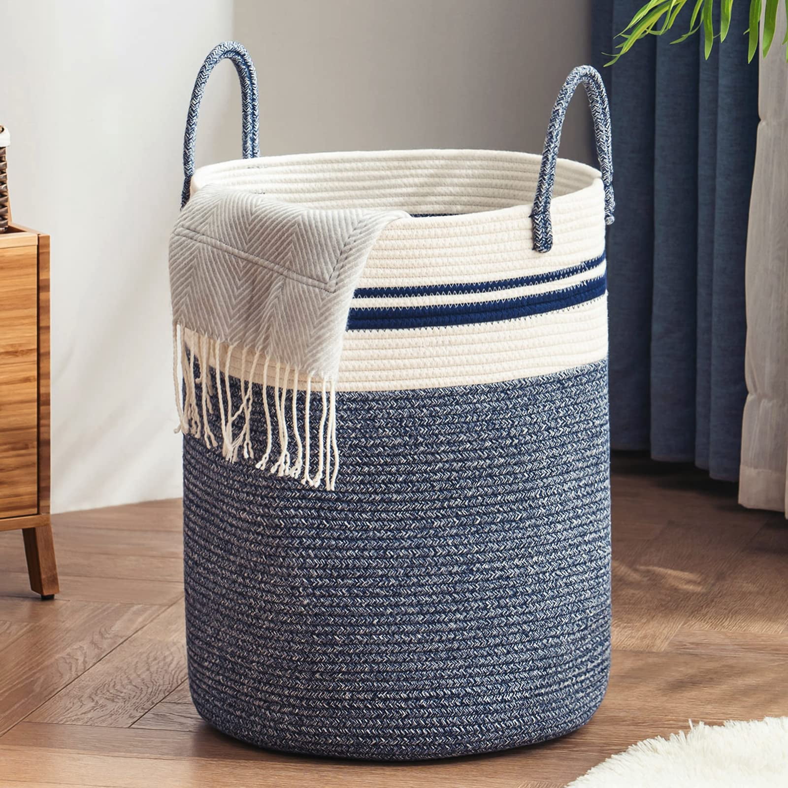 Jute Rope Laundry Hamper Basket , 58L Tall Laundry Basket, Baby Nursery Hamper for Blanket Storage for Bedroom-Large-Jute