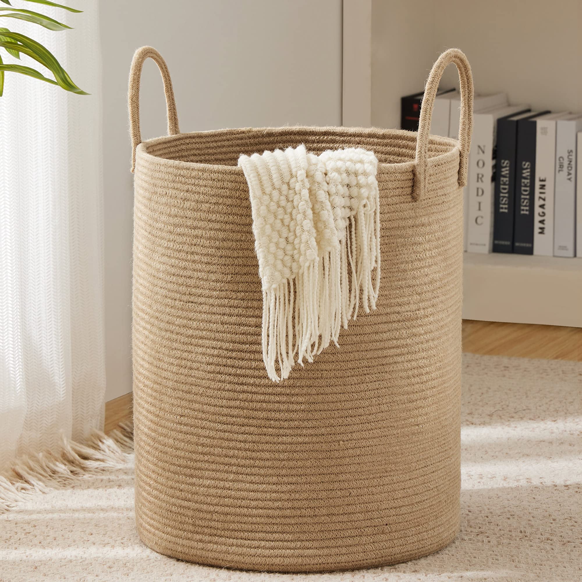 Jute Rope Laundry Hamper Basket , 58L Tall Laundry Basket, Baby Nursery Hamper for Blanket Storage for Bedroom-Large-Jute