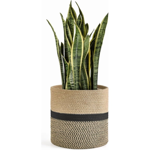 Jute Rope Plant Basket Modern Woven Storage Basket for 10.5" Indoor Planter, Decorative Flower Pots Cover Laundry Bin with Handle Rustic Home Decor, Black