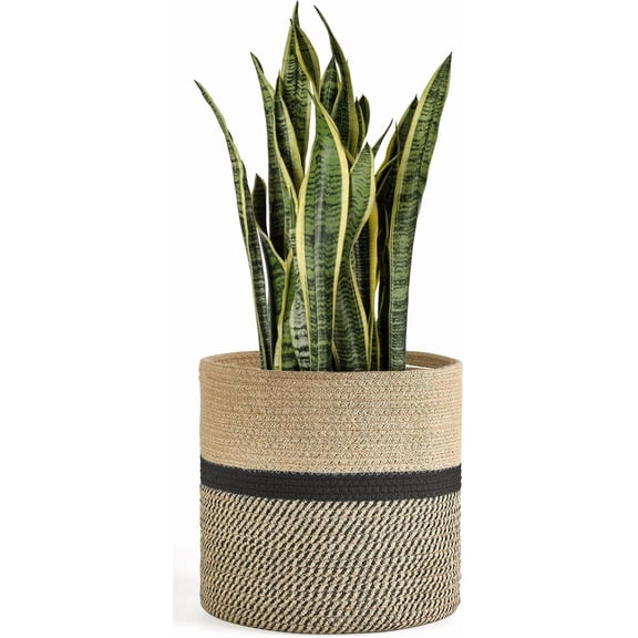 Jute Rope Plant Basket Modern Woven Storage Basket for 12" Indoor Planter, Decorative Flower Pots Cover Laundry Bin with Handle Rustic Home Decor, Black