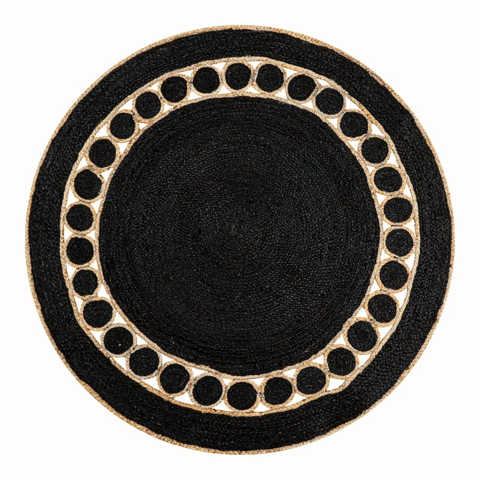Round Natural Jute Rug, Rustic Boho Coastal Farmhouse Reversible Mat, Black Natural, 4 FT