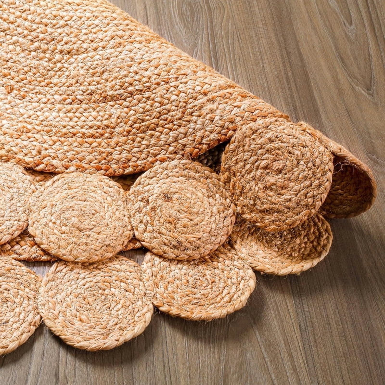 Boho Farmhouse Jute Circle Rug, Reversible Rustic Coastal Area Mat Natural Beige Scalloped, 2 FT