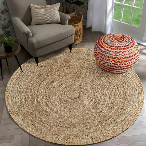Natural Jute Circle Rug, Reversible Rustic Farmhouse Boho Area Mat, Natural_A, 3 FT