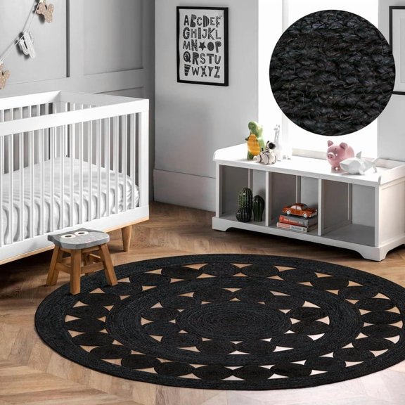 Round Natural Jute Rug, Rustic Boho Coastal Farmhouse Reversible Mat, Black Jute, 11 FT