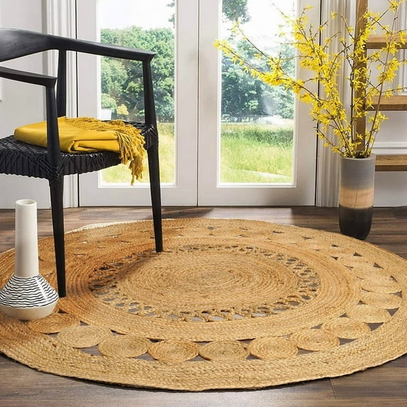 Natural Jute Circle Rug, Reversible Rustic Farmhouse Boho Area Mat, Natural_D, 9 FT