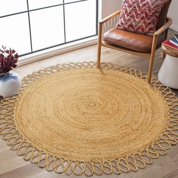 Natural Jute Circle Rug, Reversible Rustic Farmhouse Boho Area Mat, Natural_B, 5 FT