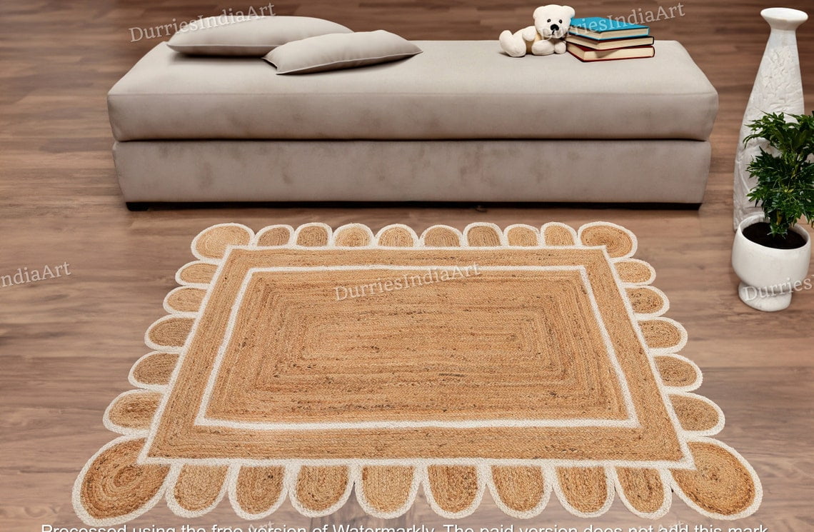 Jute Rug Scalloped Rug, Jute Scalloped Rug, Bohemian Scallop Rug