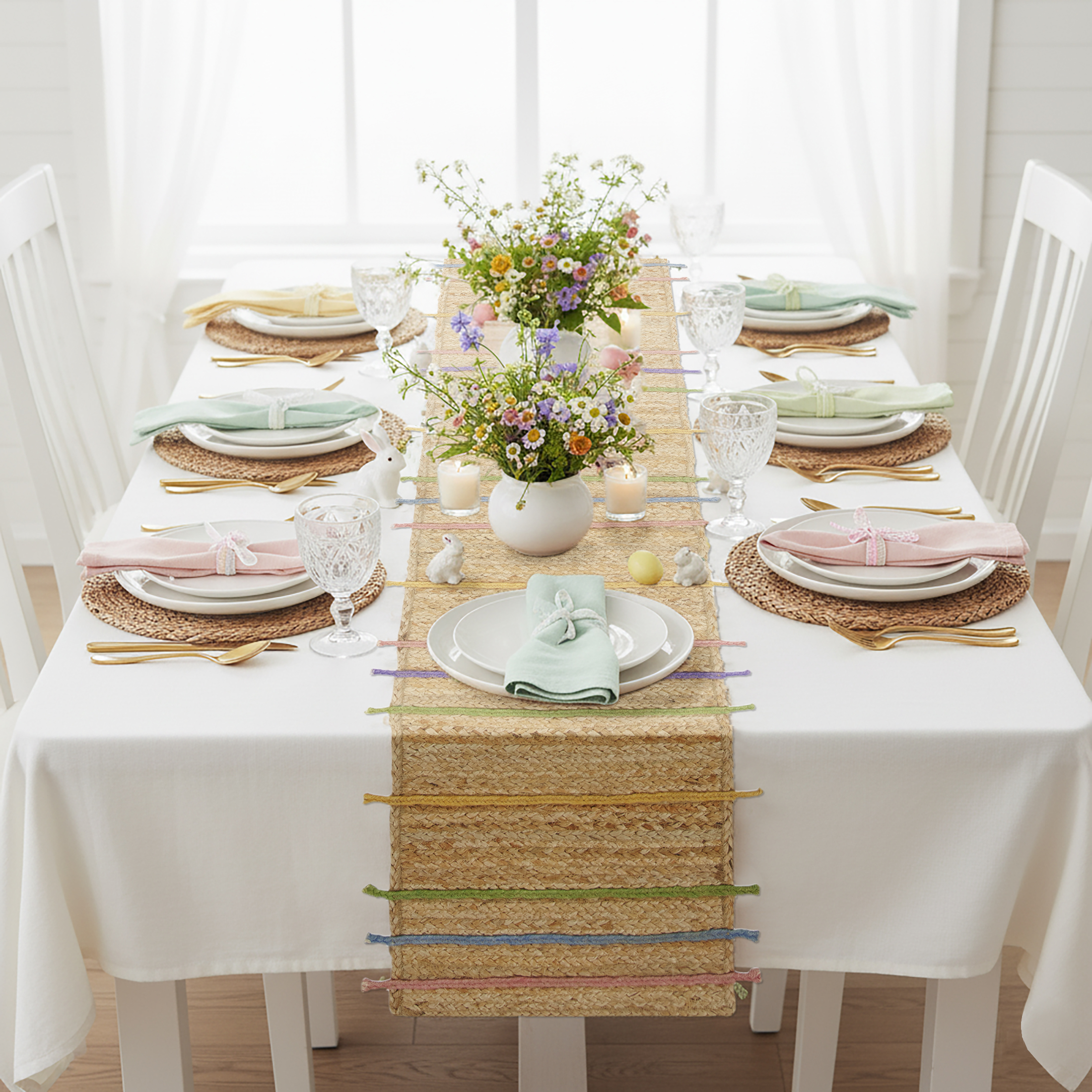 Easter Jute Braid Table Runner - 14" x 90" - 100% Jute, Natural & Multi-color