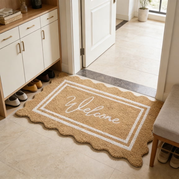 Jute Scalloped Outdoor Rug with Natural Wave Edges, Indoor Outdoor Entrance Floor Rug, Stain & Weather Resistant Decorative Rug for Front Door, Back Door, Side Door, Patio and Home Entryway