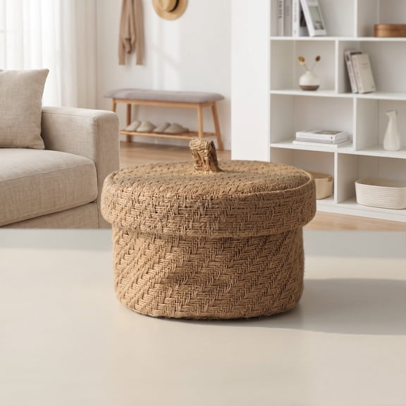 Jute Storage Basket, 6.3 Inch Square Organizer Box, Cloth Covered Container for Desk and Vanity