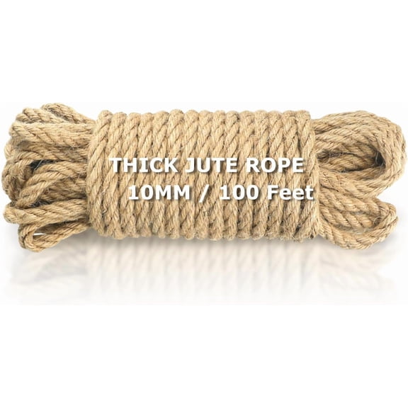 Jute String Rope 10mm X100 Feet, Heavy Duty and Thick Twine Rope for Crafts Projects, Gardening, Bundling, Cat Scratcher Scratching Post Tree Gift Wrapping Arts & Crafts Christmas Decoration