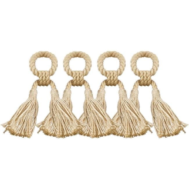 Set of 4 Beige Jute Tassel Napkin Rings
