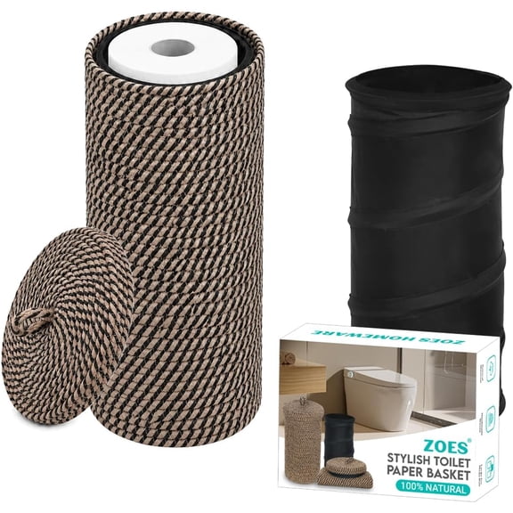 Jute Toilet Paper Storage Basket with Lid,Bathroom Holder Stand for 3 Mega Rolls,Tissue Bathroom Removable Waterproof Insert, 7"x7"x13.5"
