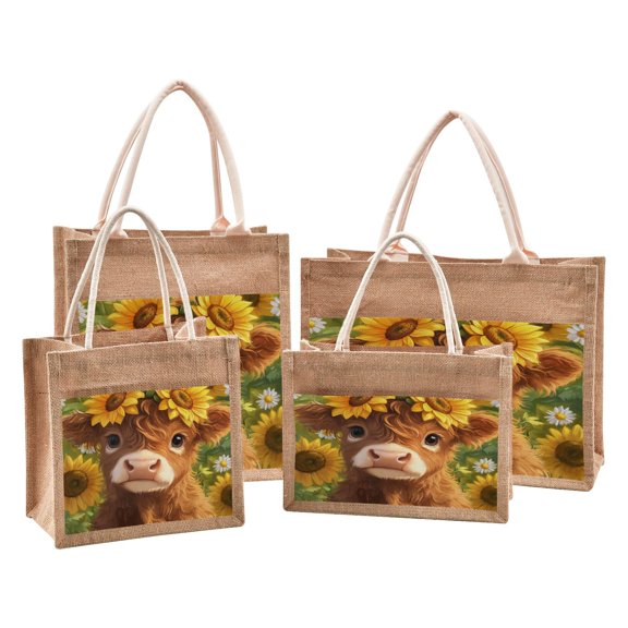 Jute Tote Bag with Zipper Pocket Reusable Grocery Shopping Bags for Beach, Travel & More 12.6x14.2in Cute Highland Cow