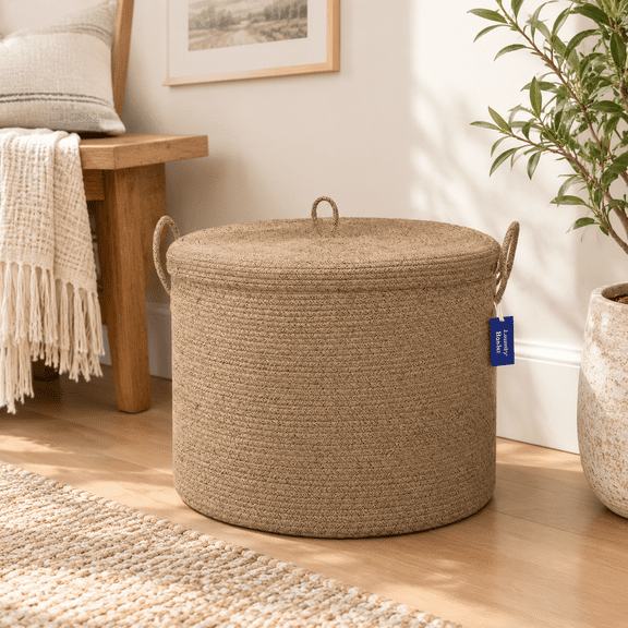 Jute Woven Extra Large Round Blanket Storage Basket with Lid, 21"x21"x18"