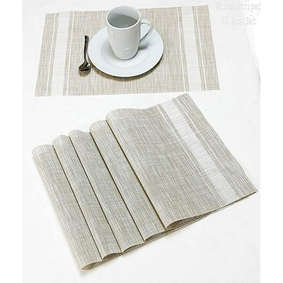 Jutemill Set of 12 PVC Vinyl Woven Place mats, Heat Insulation Stain Resistant Placemats for Dining Table Durable Cross Weave Woven Vinyl Kitchen Table Mats Placemat (White Gray)