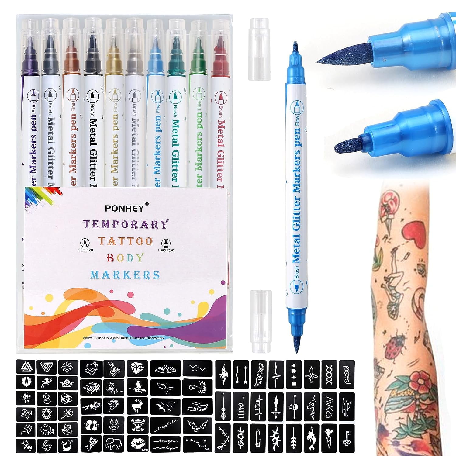 Temporary Tattoo Markers for Skin 12-Count Body Markers+18 Large Tattoo  Stencil - Helia Beer Co