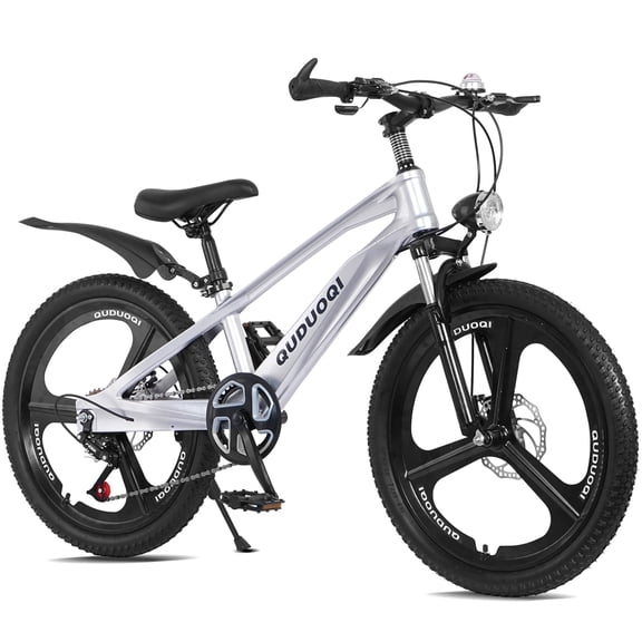 Juuar 20" Kids Mountain Bike for Boys Girls Ages 8–12 Years, 7 Speed Disc Brake MTB Bike Bicycle with Headlights, Lightweight Magnesium Alloy Frame Children Bike for Birthday Gifts, Silver