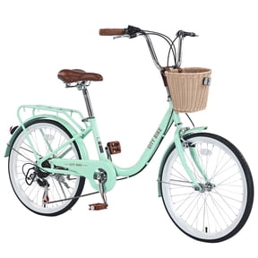 Juuar 22" Womens Beach Cruiser Bike with Basket & Rear Rack, 7 Speed Steel Frame City Commuter Bicycle for Adult Ladies, Green