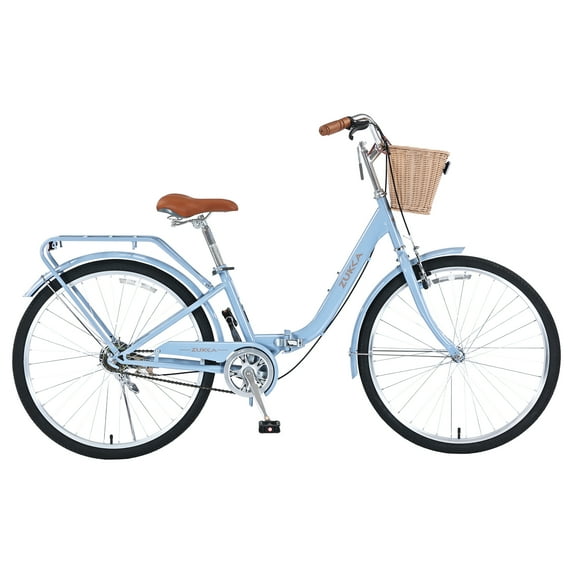 Juuar 26" Cruiser Bike for Women, Folding Steel Frame Adult Beach Cruiser Bicycle with Rear Rack and Basket for Ladies, Blue