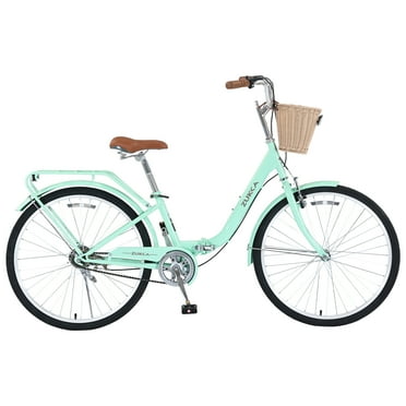 Juuar 26" Womens Bike Folding Beach Cruiser Bike, Lightweight City Commuter Bike with Convenient Basket for Ladies, Green