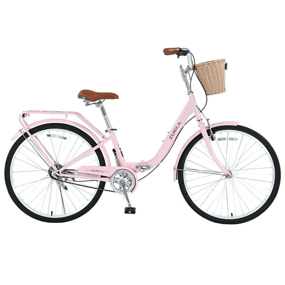 Juuar 26" Ladies Cruiser Bike Folding Womens Bicycle, Comfort City Bike Commuter Bicycle with Basket for Adult, Pink