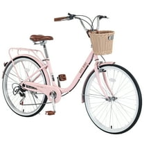 Juuar 26" Womens Bike, 7 Speed Steel Frame Beach Cruiser Bike with Basket, Comfort City Commuter Bicycle for Ladies, Pink