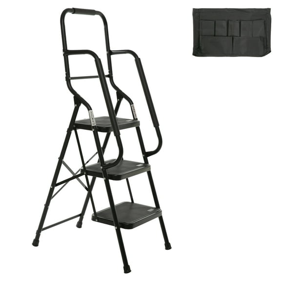Juuar 3 Step Ladder with Handrails, Wide Anti-Slip Pedal & Tool Bag, Folding Step Stool Portable Safety Steel Ladder for Adults Seniors, Black